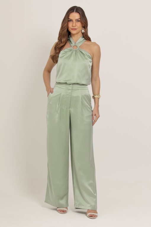 Calça Pantalona Textura Acetinada  Verde 