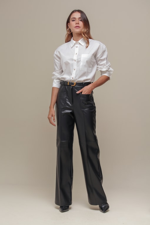 Calça PU Bolsos Frente  Preto