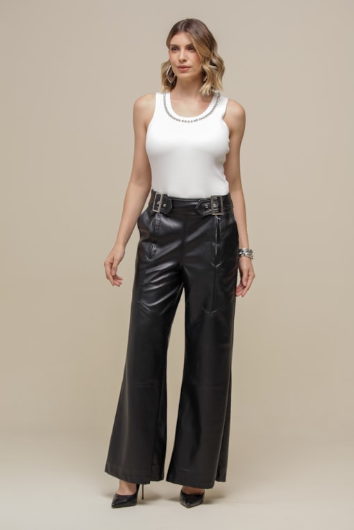 Calça PU Pantalona Maxi Fivela Preto