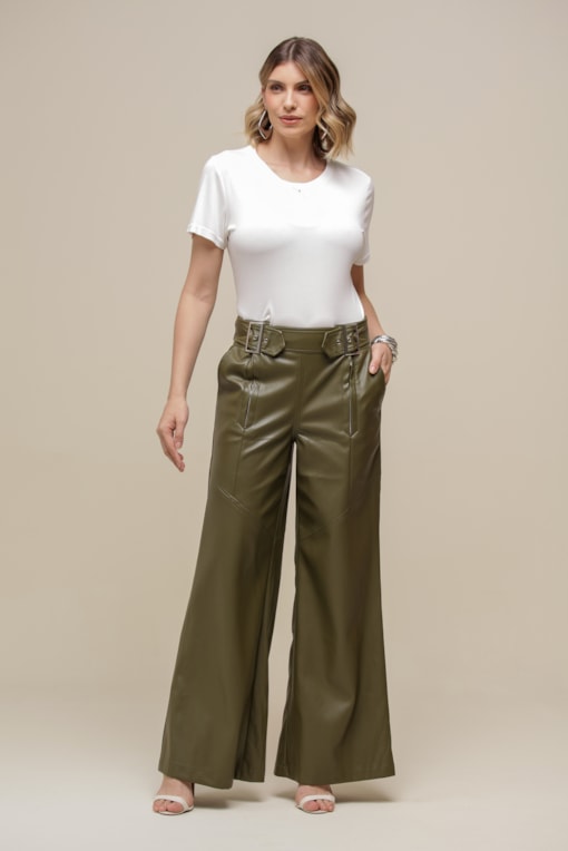 Calça PU Pantalona Maxi Fivela Verde militar