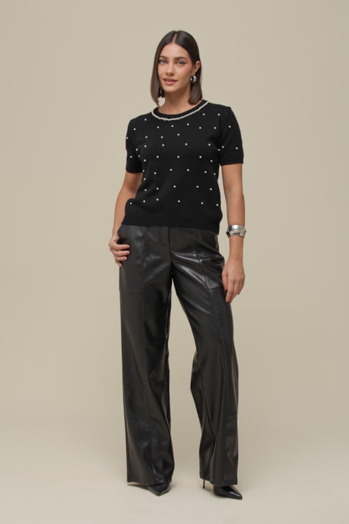 Calça PU Recortes   Preto