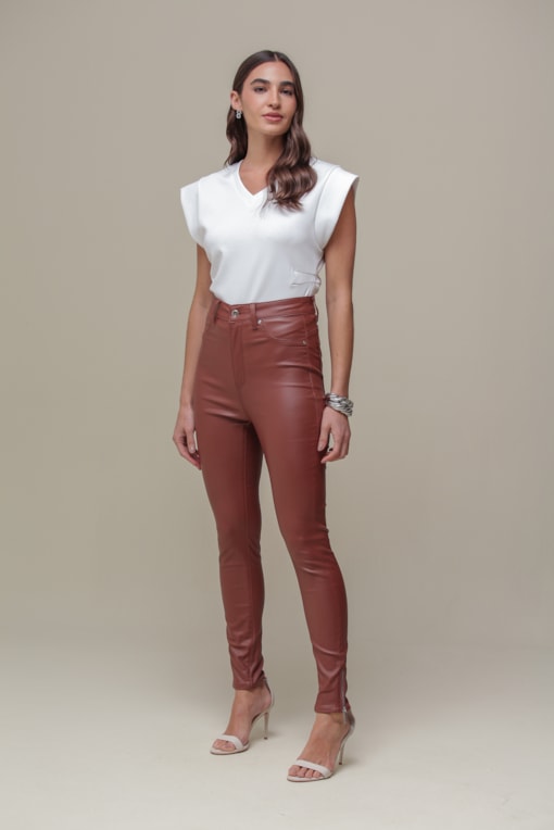 Calça Resinada Skinny Detalhe Zíper   Caramelo