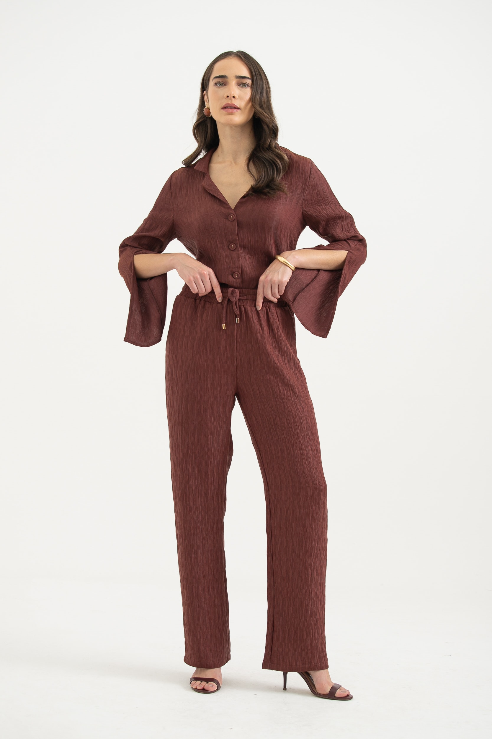 Calça Reta Com Amarração Café