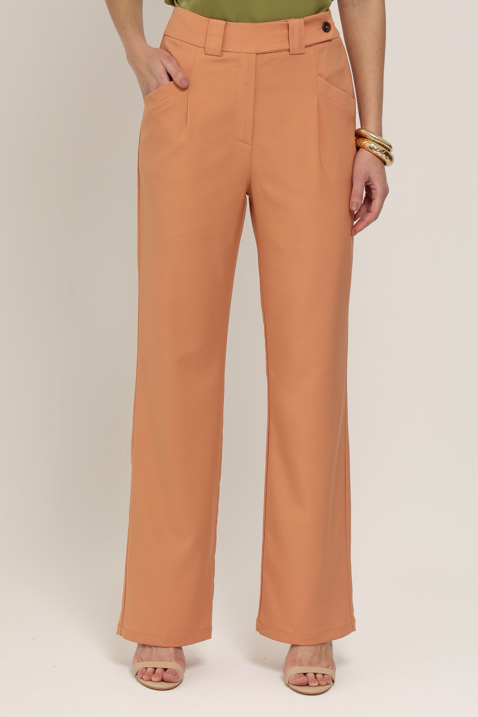 Calça Reta com Pregas Laranja