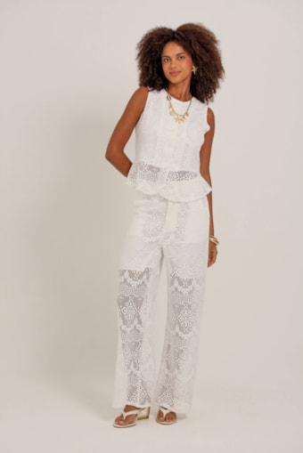 Calça Reta Crochê Off-white