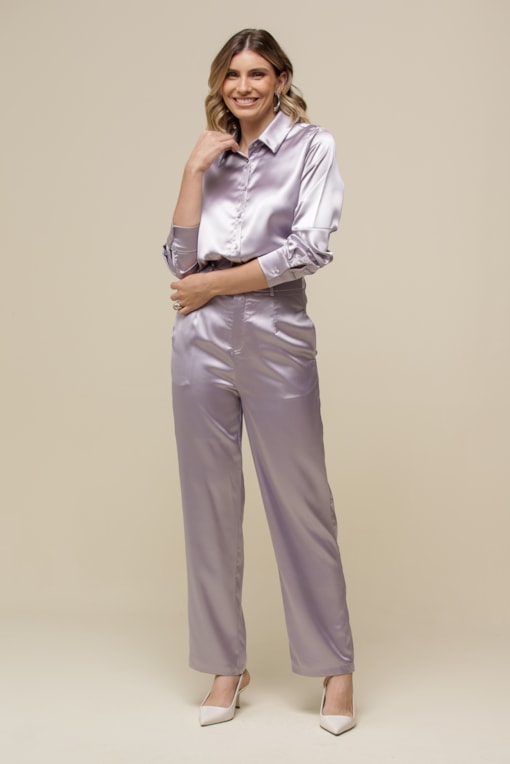 Calça Reta de Cetim Lilas