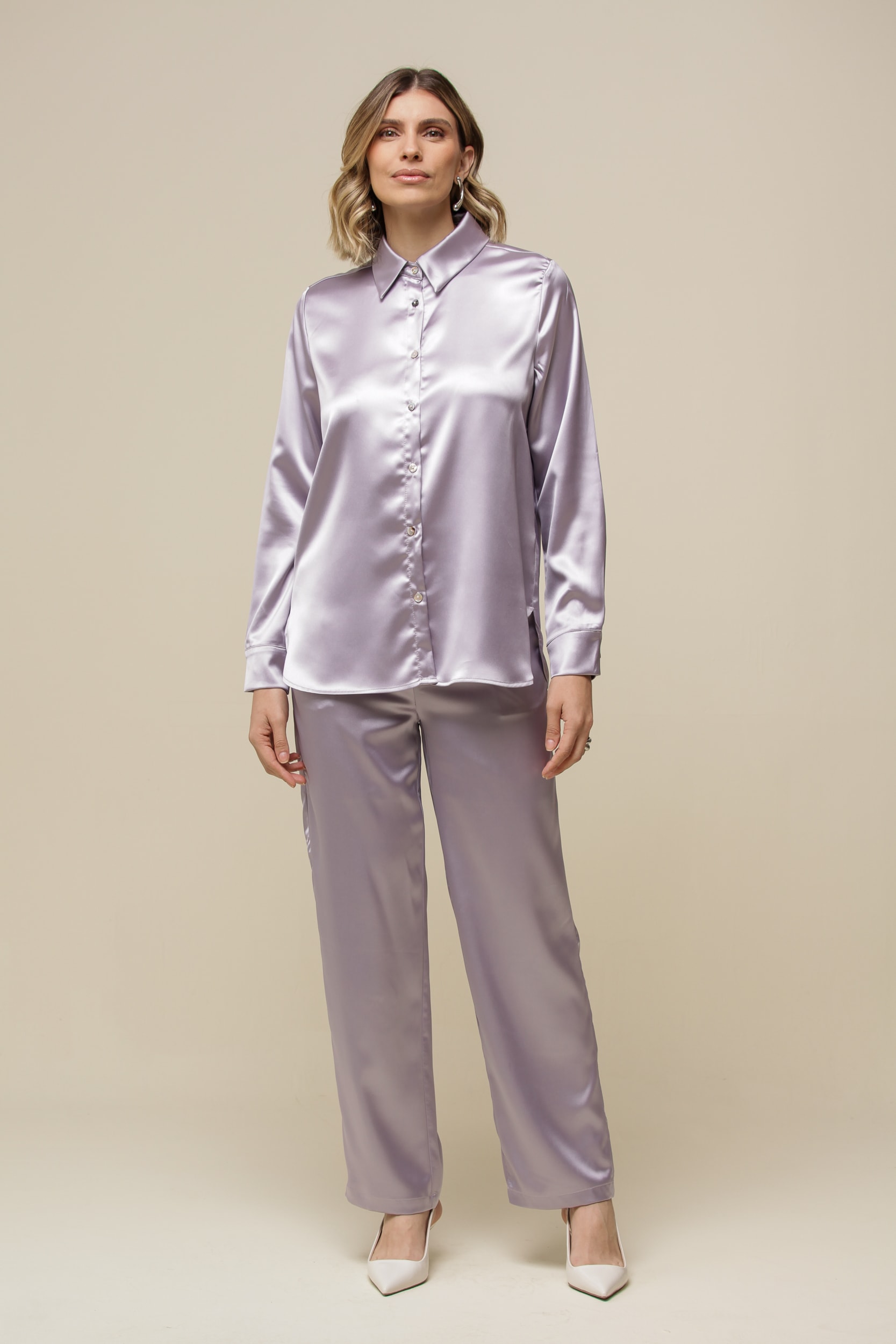 Calça Reta de Cetim Lilas