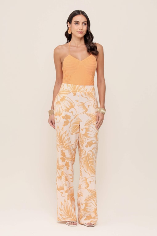 Calça Reta Estampada Cajueiro Tropical Areia