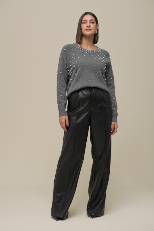 Calça Reta PU Pregas   Preto