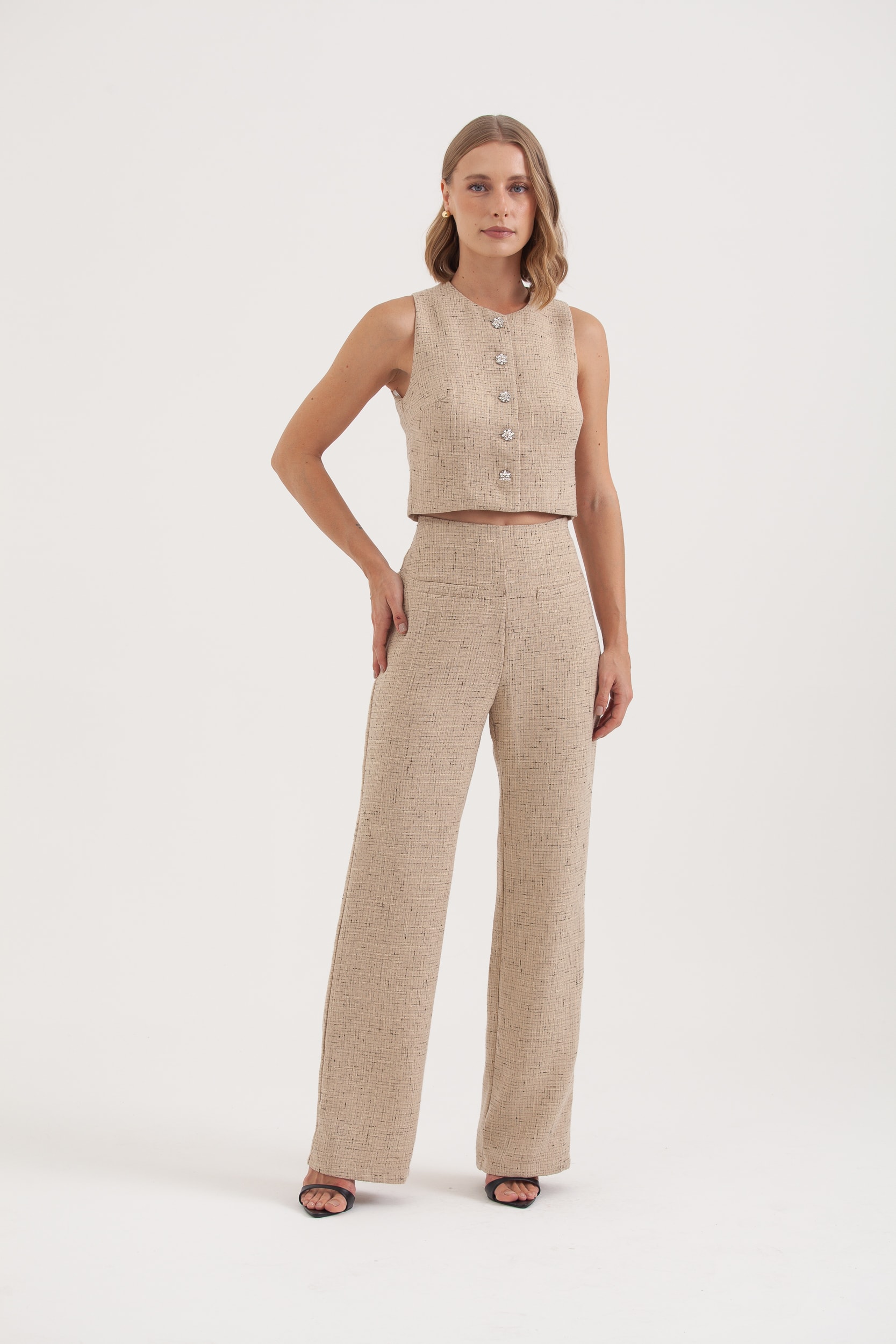Calça Reta Tweed Bege