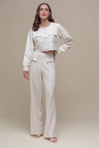 Calça Reta Tweed Botões  Off-white