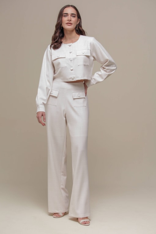 Calça Reta Tweed Botões  Off-white