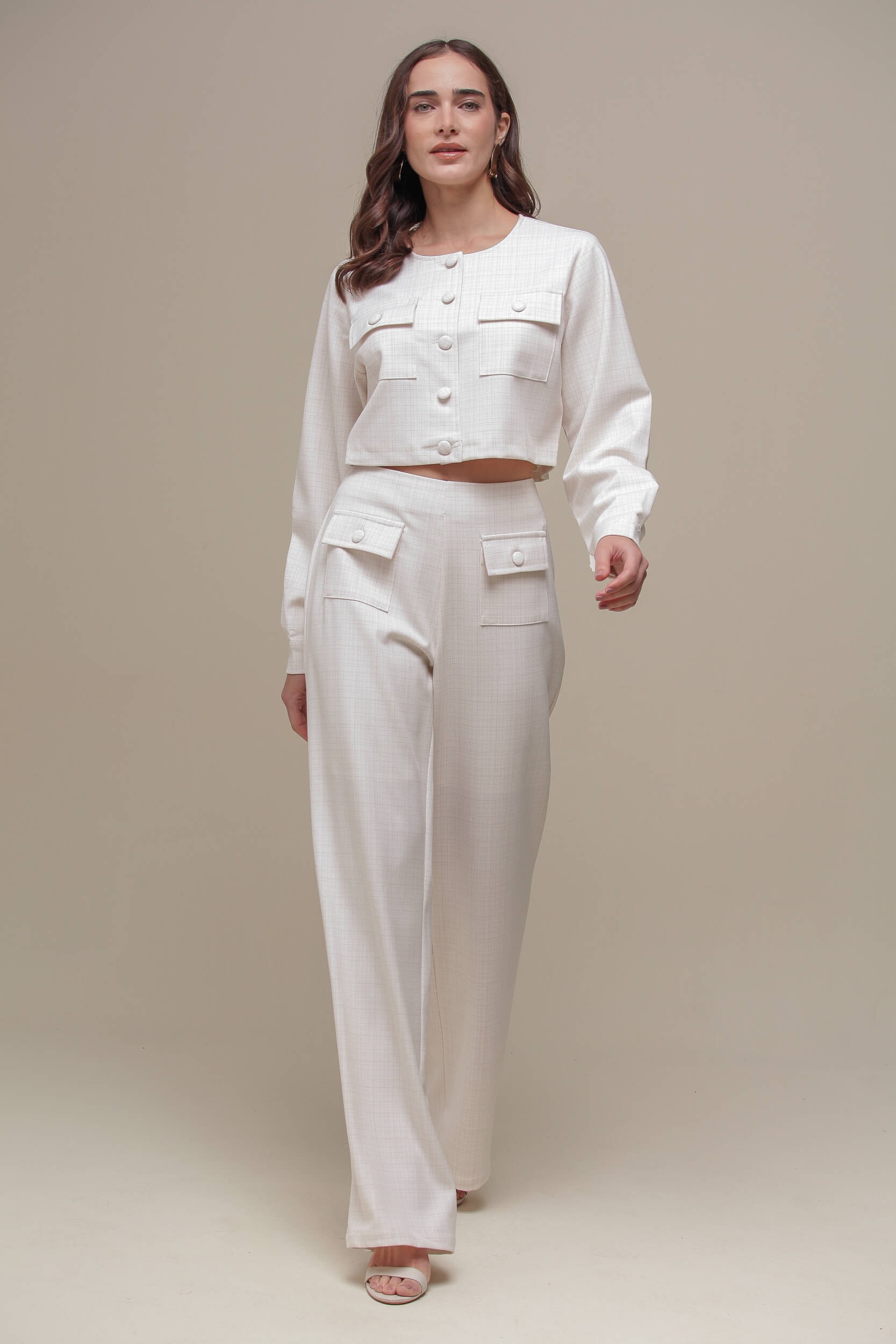 Calça Reta Tweed Botões  Off-white