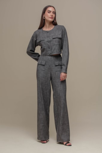 Calça Reta Tweed Botões  Preto