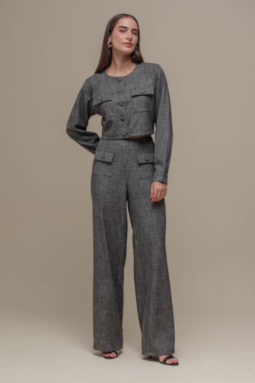 Calça Reta Tweed Botões  Preto