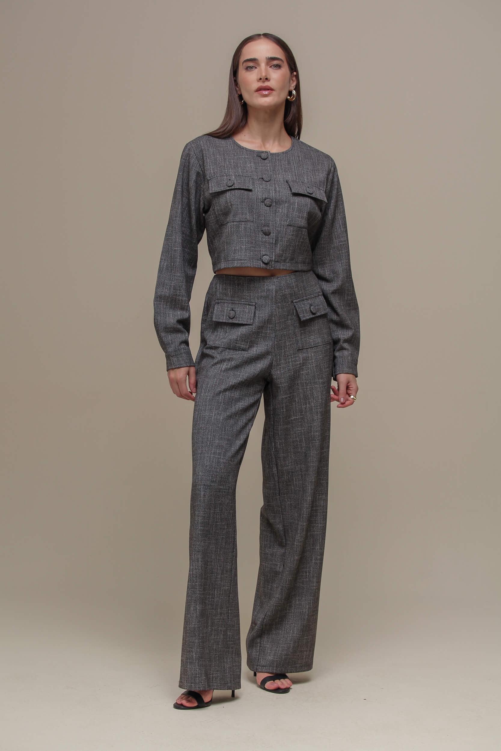 Calça Reta Tweed Botões  Preto