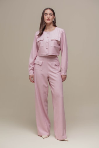 Calça Reta Tweed Botões  Rosa