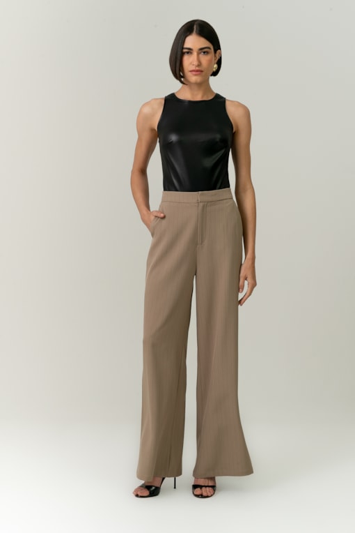 Calça Risca De Giz Amelie Caqui