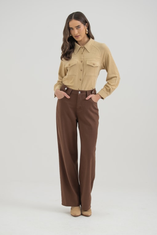 Calça Sarja Com Martigales Cós Marrom