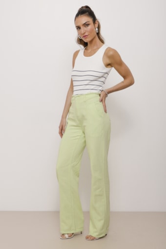 Calça Sarja Wide Leg Sem Cós Verde 
