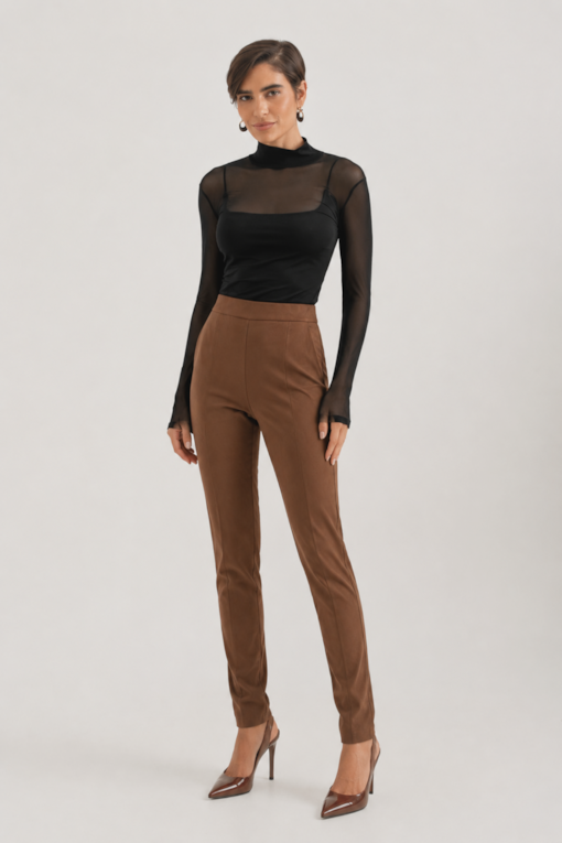Calça Skinny De Suede Marrom