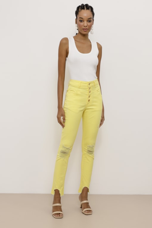 Calça Skinny Sarja Puídos Recortes  Amarelo