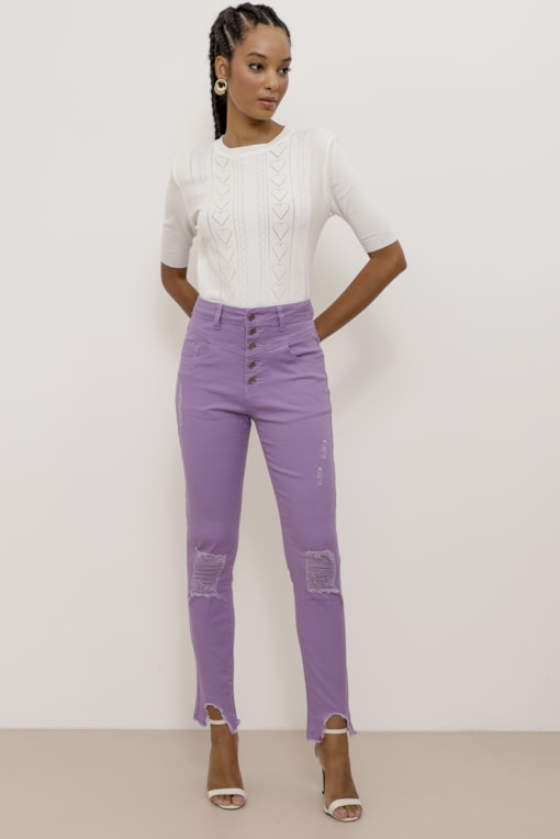 Calça Skinny Sarja Puídos Recortes  Lilas