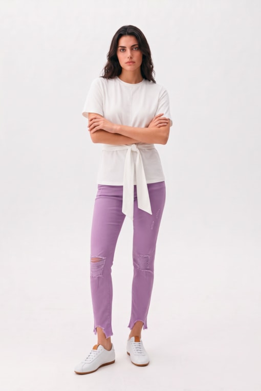 Calça Skinny Sarja Puídos Recortes  Lilas
