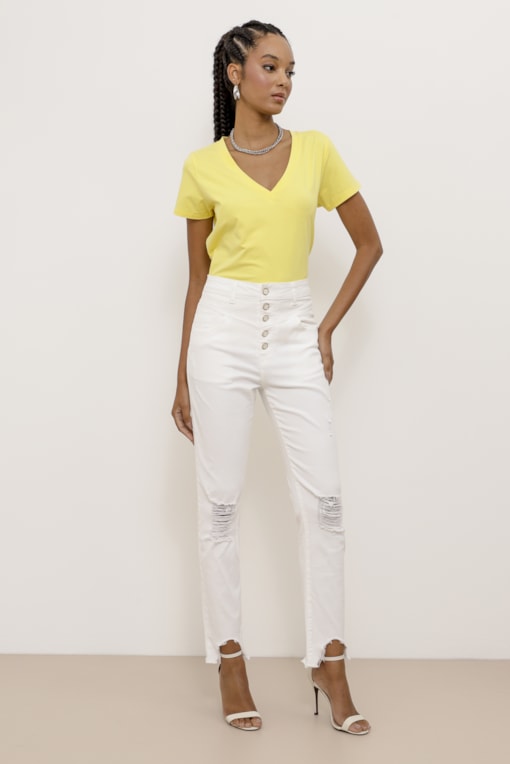 Calça Skinny Sarja Puídos Recortes  Off-white