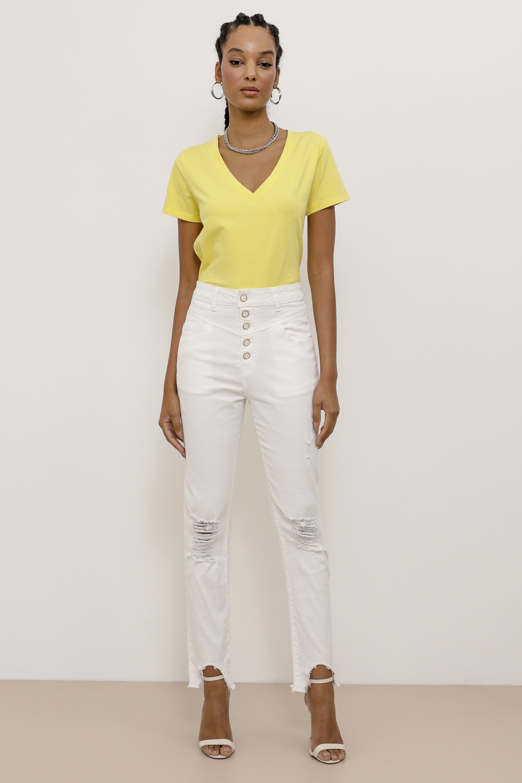Calça Skinny Sarja Puídos Recortes  Off-white