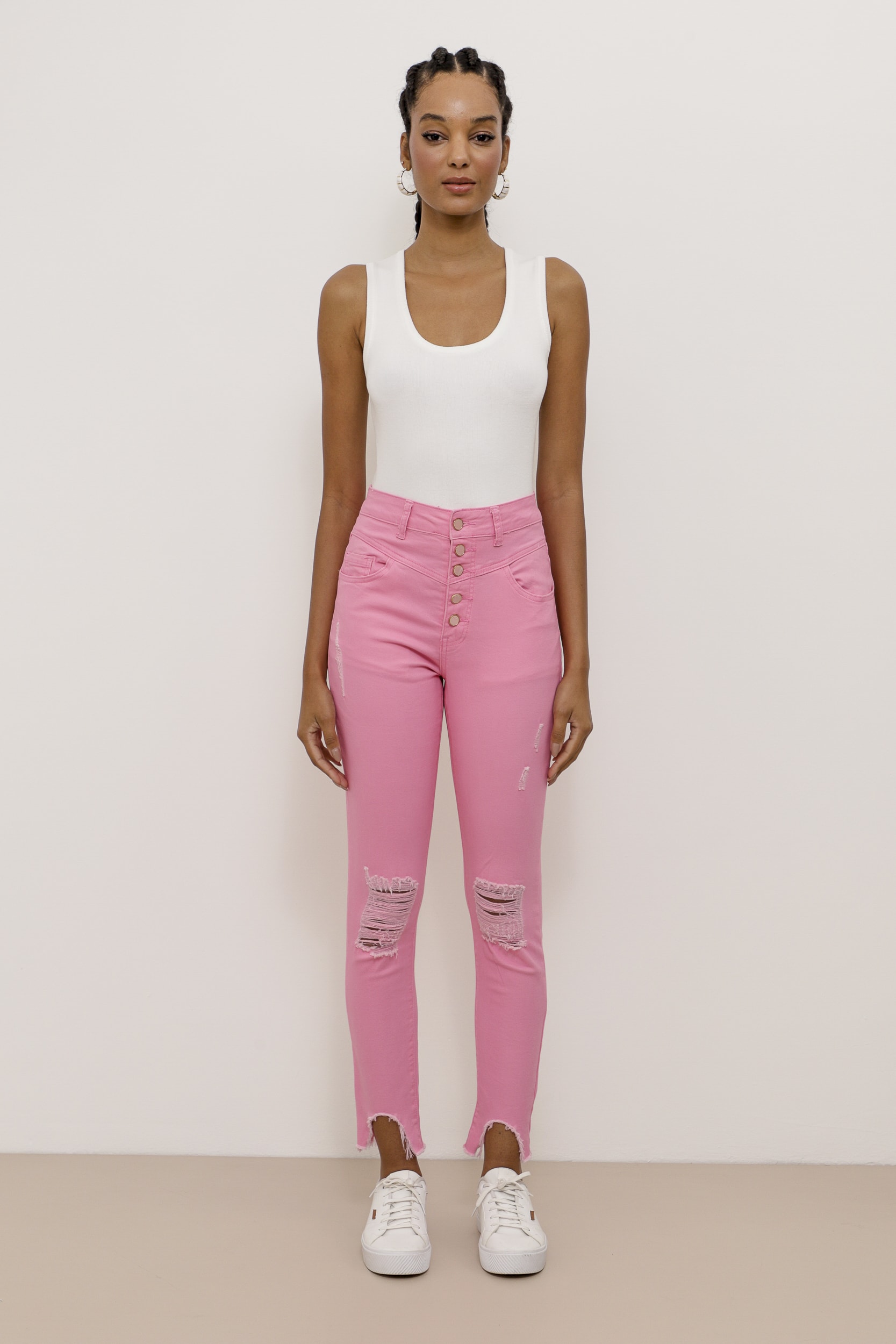 Calça Skinny Sarja Puídos Recortes  Rosa