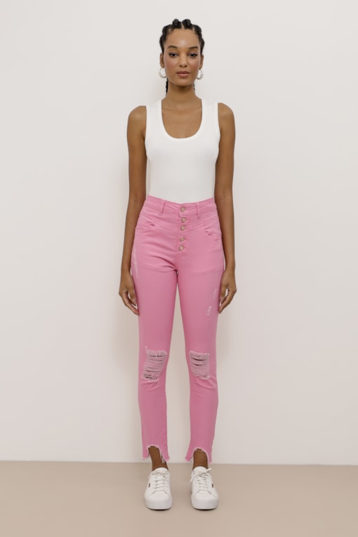 Calça Skinny Sarja Puídos Recortes  Rosa