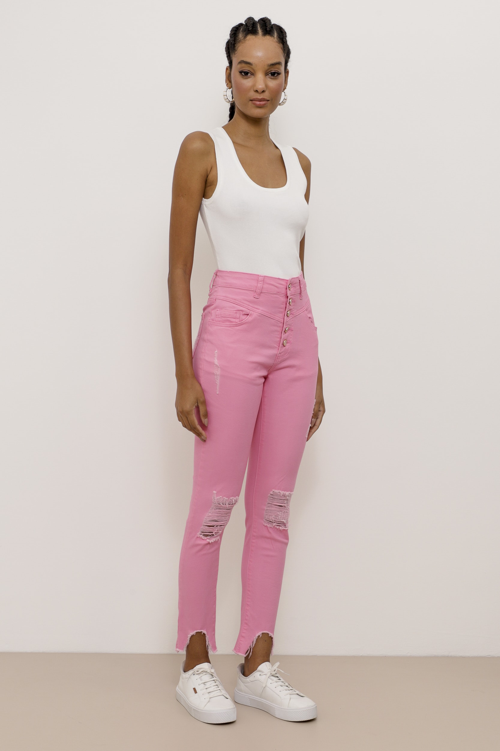 Calça Skinny Sarja Puídos Recortes  Rosa