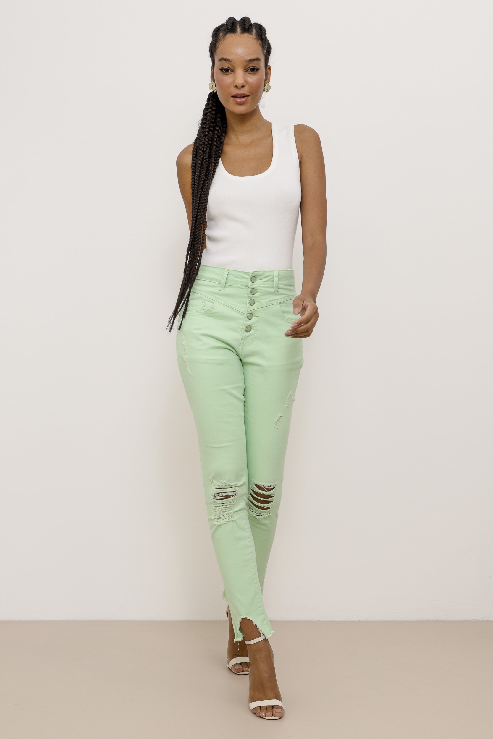 Calça Skinny Sarja Puídos Recortes  Verde 
