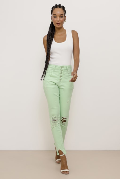 Calça Skinny Sarja Puídos Recortes  Verde 