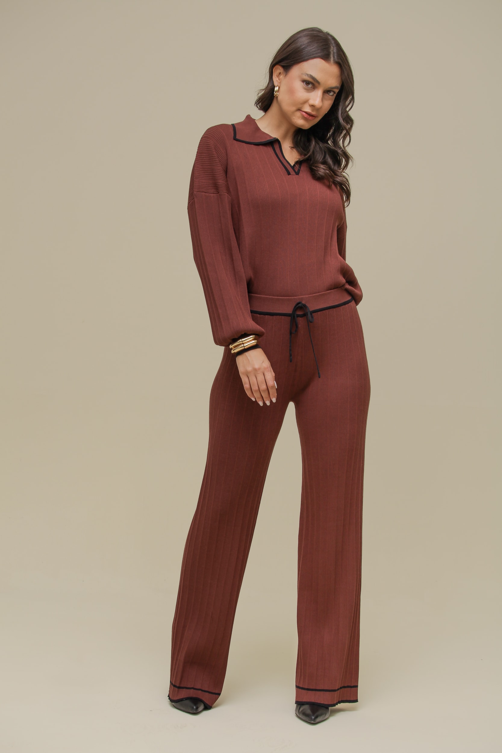 Calça Tricô Reta Marrom