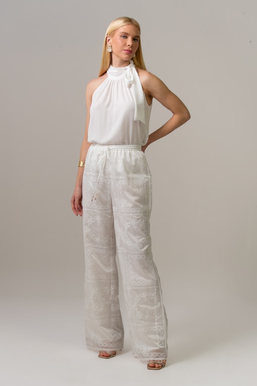 Calça Voil Bordada Off-white