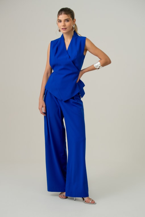 Calça Wide Com Pregas  Azul