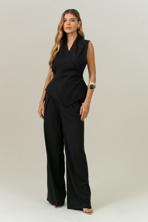 Calça Wide Com Pregas  Preto