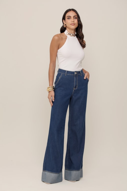 Calça Wide Leg Detalhe Barra Jeans