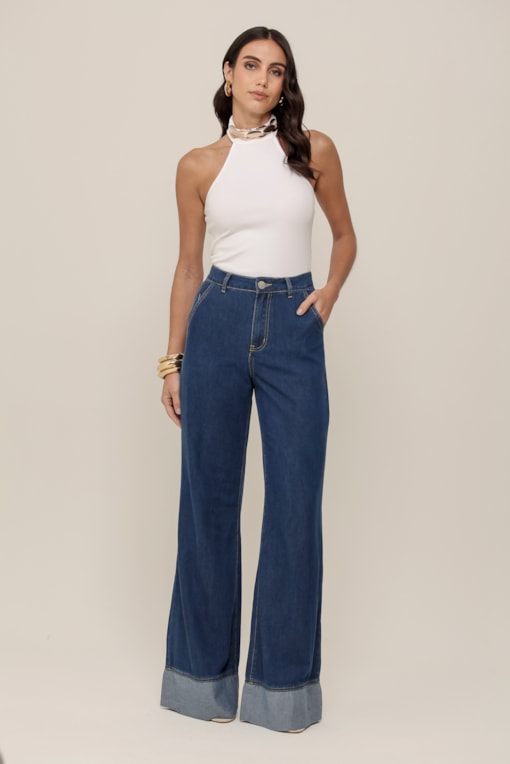 Calça Wide Leg Detalhe Barra Jeans