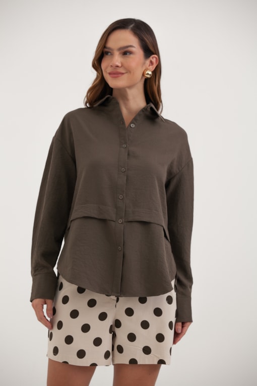 Camisa Ampla Recorte E Detalhe Na Cintura Marrom