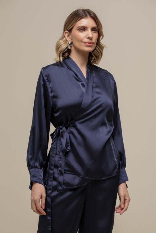 Camisa Cetim Transpasse  Marinho 