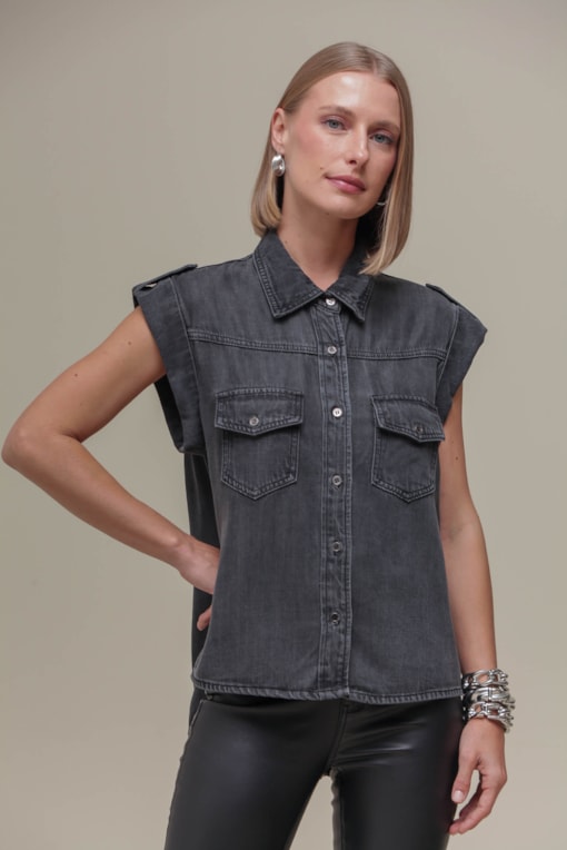 Camisa Chambray Social Manga Curta  Cinza
