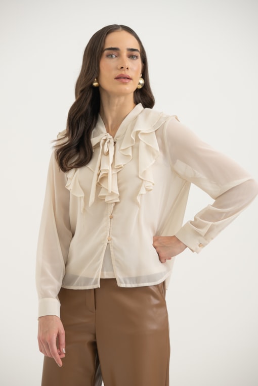 Camisa Chiffon Babados Manga Longa Areia