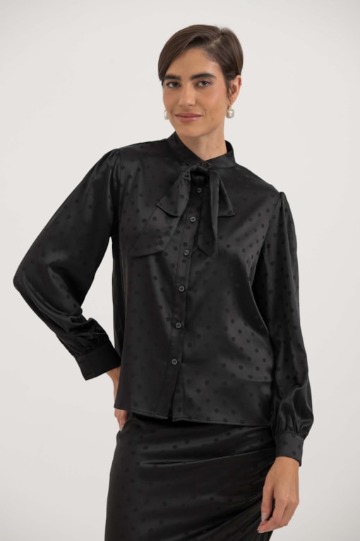 Camisa Com Laço Acetinada  Preto
