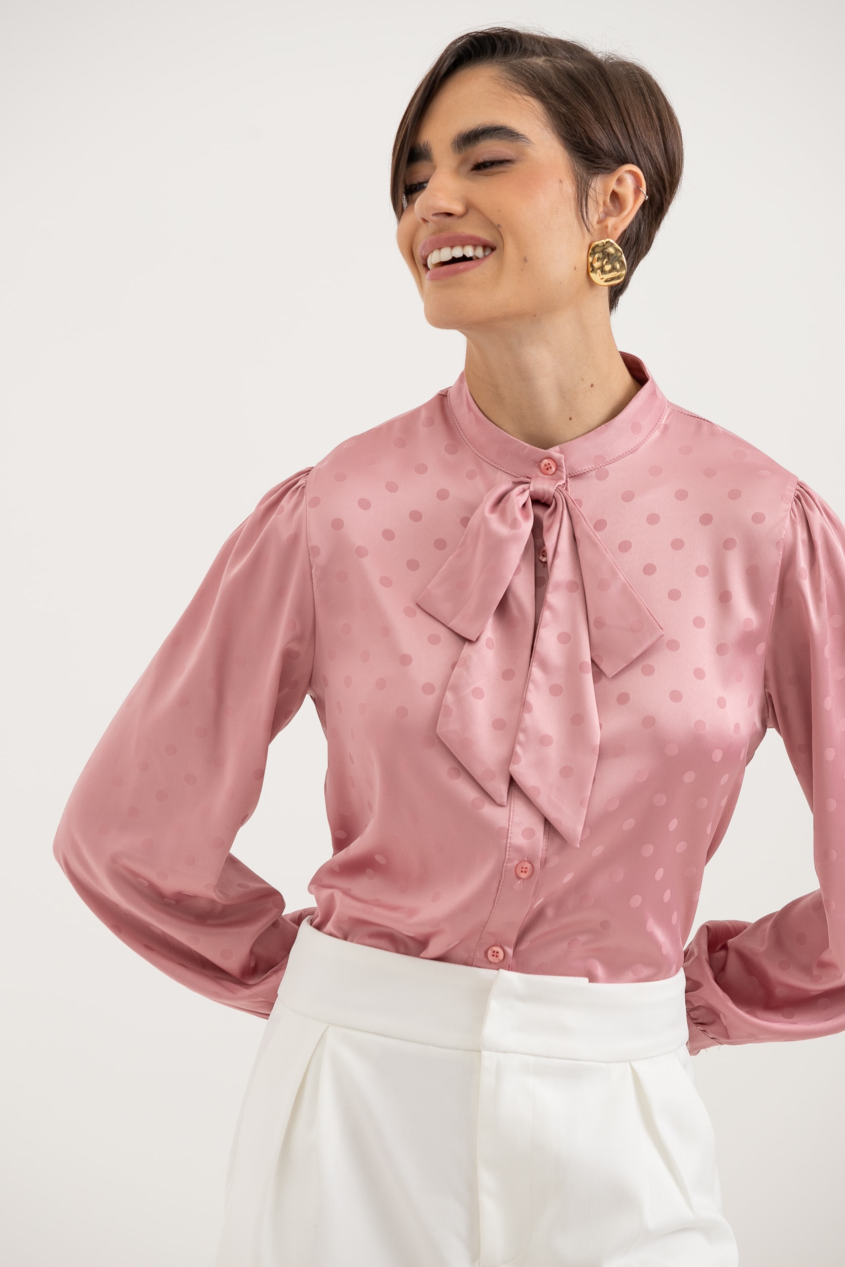 Camisa Com Laço Acetinada  Rosê