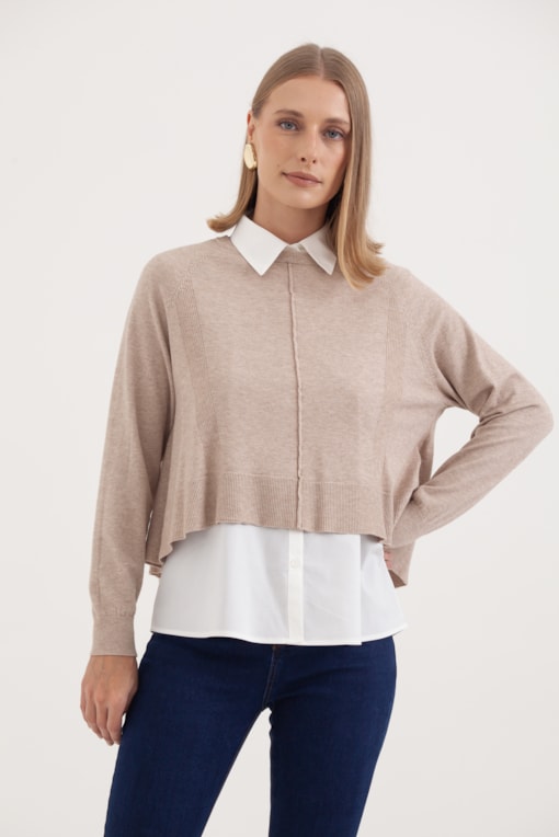 Camisa Com Sobreposição Tricot Bege