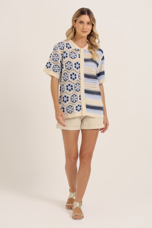 Camisa Crochê Flores E Listras Azul