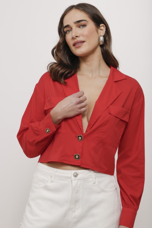 Camisa Cropped Tricoline Gola Blazer  Vermelho